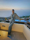 2025 New Fashion Printing Set Loose Long Sleeve V Straight Trousers