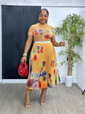Miyaji Fashion Set Women's Summer French High-Grade Folding Print Short-Sleeved Top + Loose A Word 100-Fold Long Skirt