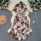 Printed Short-Sleeved Dress Women Autumn Polo Tie Straps To The Waist Design Small Chic Temperament Long Dress