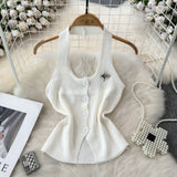 Fashion Design Feeling Hanging Neck Dew Single Buckle Slim Thin Knit Vest Women Wear Gas Bottom Shirt