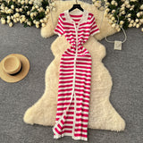 Korean Chic Vintage Collar Single Buckle Began Striped Knitted Dress Female Thin Dress