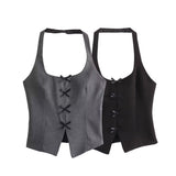 Bow Hanging Neck Sling Vest Low-Rise Fine Striped Skirt Sling Skirt Slings
