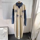 Autumn/Winter 2025 New Cowboy Splicing Knitted Two-Piece Collar Dress Flower Nails Decorated Long Dress Woman