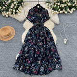 French Niche High-End Light Style Single Row Buckle Short-Sleeved Printed Shirt Dress Female Magenta Vintage Chiffon Dress