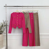 High-Grade Small Fragrant Wind Metal Collar Collar Repair Long-Sleeved Knitted Shirt Women High-Waist Casual Pants Two Sets