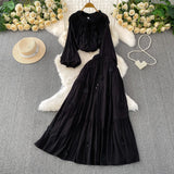 Gentle Style Pink Three-Dimensional Flower Collar Lantern Sleeve Shirt Lady Autumn High-Rise Dress Set