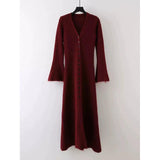 Korean Ins Design Long Sleeve V-Neck Knitted Dress Woman