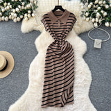 Korean Chic Summer Dress Niche Retro Polo Collar Short-Sleeved Striped Dress Female Waist Temperament Open Long Dress