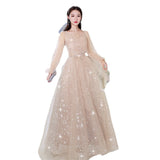 Evening Dress Women 2025 New Champagne Long-Sleeved Banquet Temperament Simple Thin Host Art Exam Dress