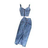 Hong Kong Style In Women's Clothing Set 2025 New Female Sense Short Sling Vest High-Waisted Denim Skirt Tide