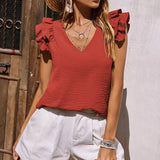2025 Spring And Summer Women's Casual V-Necked Leaf-Side Vest Shirt Summer Sleeveless Shirt