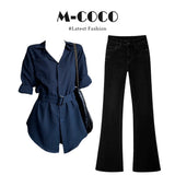 Korean Cool Tung Sister Wearing A Blue Waist Sunscreen Long-Sleeved Shirt Micro-Tpeak Trousers Set