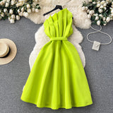 High-End Party Dress Dress Women's Summer French Collared Shoulder Bubble Sleeve High Waist Fork Banquet Dress