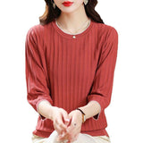 V-Neck Seven-Sleeved T-Shirt Women's Mid-Sleeve Top Ice Knitted Shirt Thin Mother Spring T-Shirt Elegant