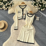 Small Fragrant Style High-End Set Of Women's Autumn Fashion Crash Round-Neck Long-Sleeved Knitted Shirt Sleeveless Vest Skirt