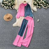 Hong Kong Flavor Casual Suit Female Fashion Design Stitching Fake Two Hooded Jacket High-Waisted Cowboy Splicing Wide Leg Pants