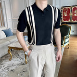 Knitted Striped Sleeves Loose Men's Summer Niche Retro-Tight Brand Casual Clip T-Shirt Men