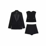 Women's Clothing 2025 Spring New Silk-Sense Texture Spliced Tight Body Clothes + Open-Fork Splicing Skirt Set