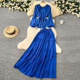 Gentle Wind Age Reduction Suit Women's Spring French Strap To Close Waist Round Collar Long-Sleeved Shirt + High Waist-Hanging Half-Body Skirt