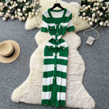 Small Fragrant Style High-End Hair-Side V-Neck Short-Sleeved Knitted Dress Women's Summer Waist Single Buckle-Clove Long Dress