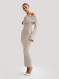 New Women's Elegant Style Fashion Collared Shoulder Dress Knitted Long Dress