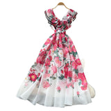 French Elegant Dress Women's Summer Famous High-End Feel Lotle Side V-Neck Waist Thin Print Large Swing Dress