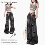 Black Multi-Pocket-Hole-Wear Jeans Women's Summer 2025 New High-Waist Design Wide-Legged Pants