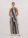 Middle Eastern Women's Fashion Casual Elegant Bare Back Set Striped Broad Leg Pants