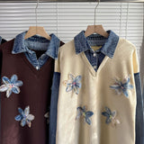 Autumn/Winter 2025 New Cowboy Splicing Knitted Two-Piece Collar Dress Flower Nails Decorated Long Dress Woman