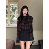 Design A Small Plaid Ribbon With Long-Sleeved Shirt Female High-Waisted Temperamental And Hip Short Skirt Two Sets