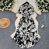 Printed Short-Sleeved Dress Women Autumn Polo Tie Straps To The Waist Design Small Chic Temperament Long Dress