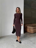 Long-Sleeved Autumn And Winter Sweater Dress Lady Knit Round Collar Pit Solid Color Tight Dress Woman
