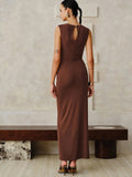 2025 New Women's Folded Wrinkles Sleeveless Long Dress Stylish Metal Decorative Solid Color Dress