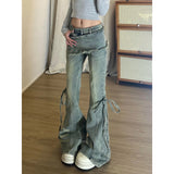 Overlapping Skirt Jeans Women Autumn Retro Do Old Water Wash High Waist Tie With Horseshoes Super Fire Korean Micro-Rave Pants