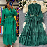 French Court Retro Elegant Dress Women's Collar Horn Sleeves To Close Single Buckle Lace Splicing Large Swing Dress