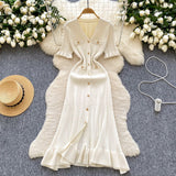 French Retro Style High-End Knitted Dress Women's Summer Lotus Side Single Buckle Design Temperament Luxury Dress