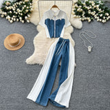 Summer Dress A Complete Set Of Women's Casual Retro Lap-Fleeled Fake Two Short-Sleeved Tops High-Waisted Spliced Denim Broad-Legged Trousers