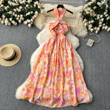 Sexy Hollow Hanging Neck Sling Dress Female Pure Lust Atmosphere Feel Waist Thin Temperament Super Fairy Holiday Floral Dress
