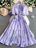 Court-Style Retro-Print Collar Bubble-Sleeved Dress Women's Summer Straps To The Waists To Show A Thin Swollen Dress