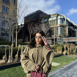 2025 Spring New Women's Fashion Army Green Velvet Effect Short Long Sleeve Epaulets Coat