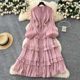 French Elegant Temperament Dress Female Heavy Industry Hot Diamond Lace To Receive Waist Thin Lantern Sleeves Side Dress