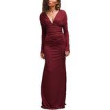 Autumn 2025 New Women's Fashion Temperament Sexy Tight Wrinkles V Collar High-Waist Long Sleeve Dress