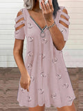 New Wish Women's V-Neck Zipper Printed Short Sleeves Relaxed Casual Lavender Dress