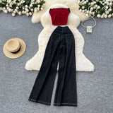 Wearing A Female Summer Dress Sexy Hottie Letter Embroidered Sleeveless Chest Vest High-Waisted Denim Casual Broad Leggings