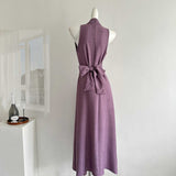 New Femininity Purple V-Necked Neck Dress Female Design Feel Belt Strap Vest Skirt