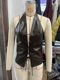 Sexy Hottie Low-Broth Open Shirt Solid Color Hanging Neck With Pu Skin Small Vest Woman