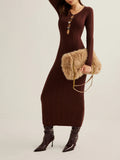 2025 New Women's Dress French Retro Solid Color V-Neck Long-Sleeved Bag Hip Knitted Dress