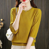 V-Neck Seven-Sleeved T-Shirt Women's Mid-Sleeve Top Ice Knitted Shirt Thin Mother Spring T-Shirt Elegant