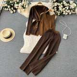 Ocean Printing Casual Set Of Women's Shawl Jacket + V Collar Bottom Knitted Shirt + Broad Leg Trousers Three Sets