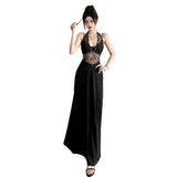 Fashion 2025 Summer New Women's Style Sexy Lace Hollow Splicing Long Sleeveless Dress Woman